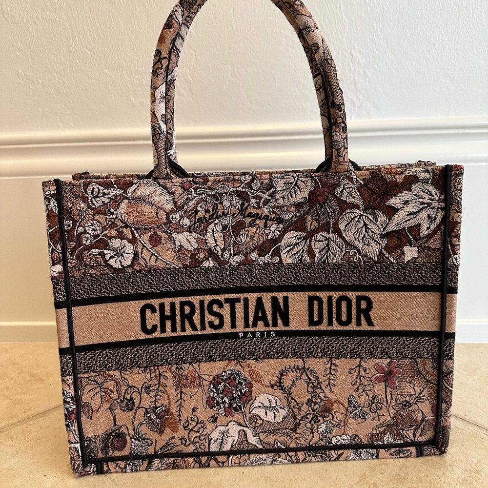 Christian Dior Book Tote Embroidered Canvas Medium  Neutral, Print